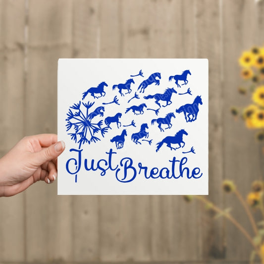 Just breathe horse sticker in blue with a dandelion wish horse graphic