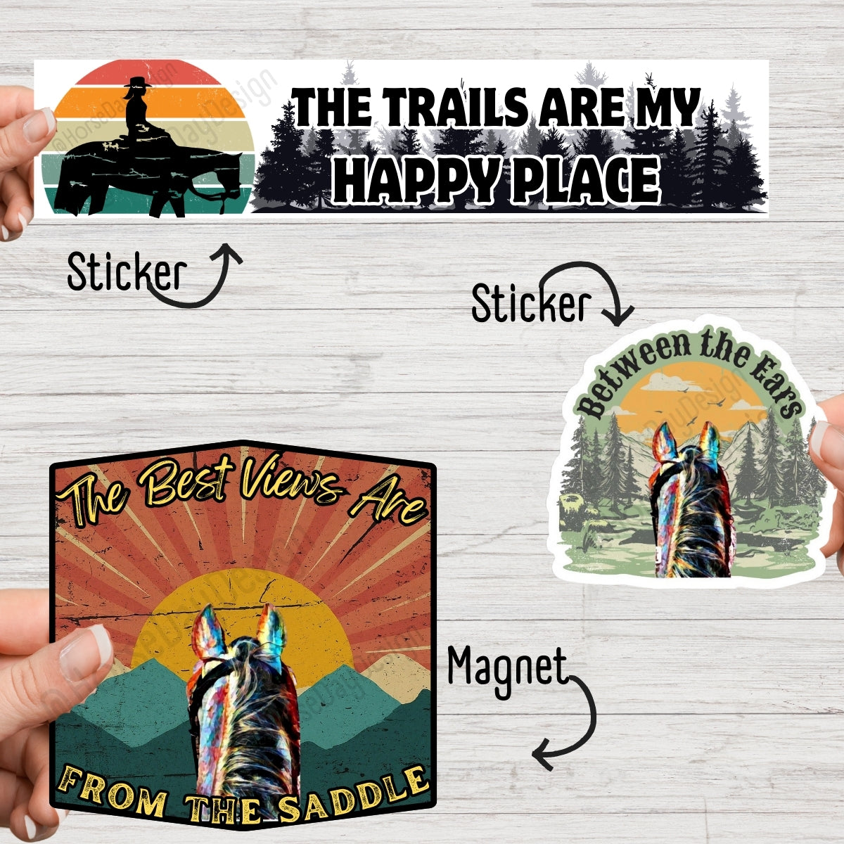 Trails are my happy place horse bumper sticker, between the ears horse sticker, best views magnetic horse sticker, trail rider horse sticker pack