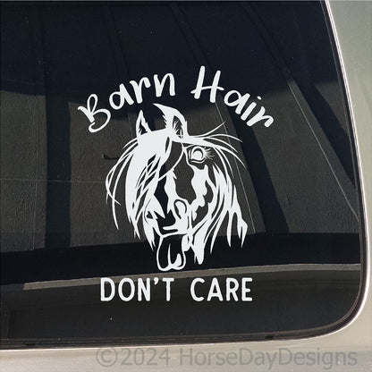 funny horse sticker barn hair don't care in white 6"