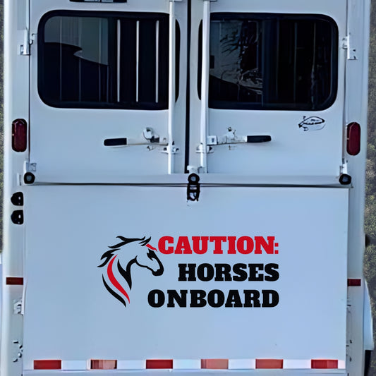 Caution horses onboard black and red sticker for trailers