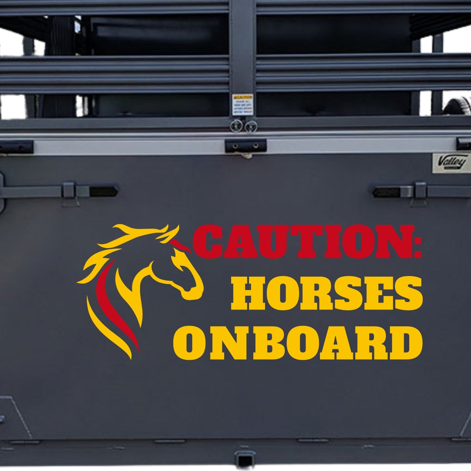 Caution Horses onboard red and yellow horse trailer sticker